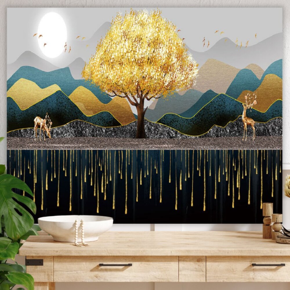 Black and Gold Artwork Canvas Painting Window Curtains Blackout Wall hanging Art